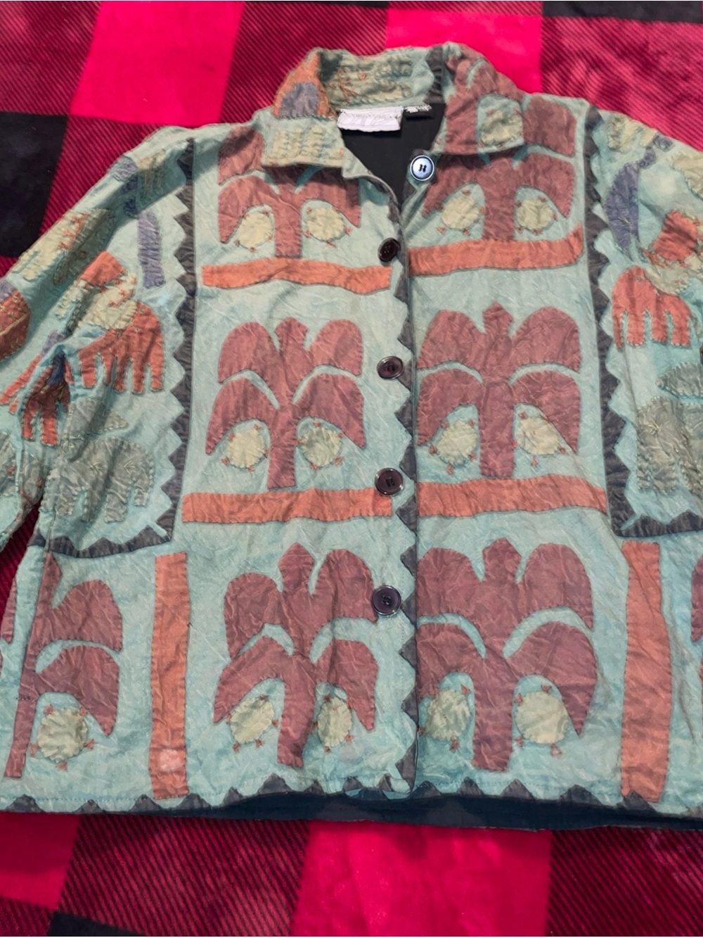Palm-Print Patchwork Button Bomber Jacket in Aqua & Rust